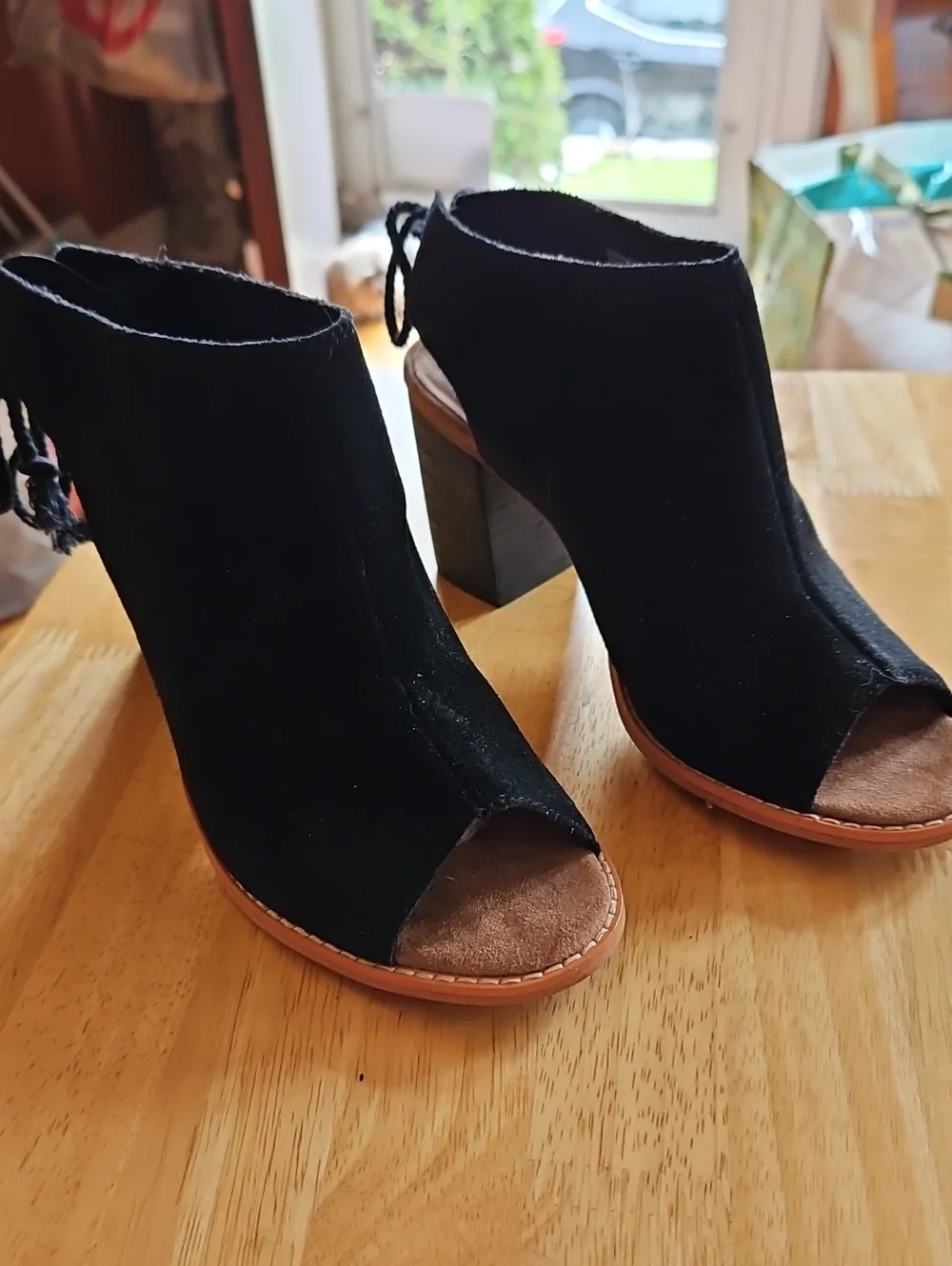 Toms Elba Black Suede Peep-Toe Block Heel Sandals